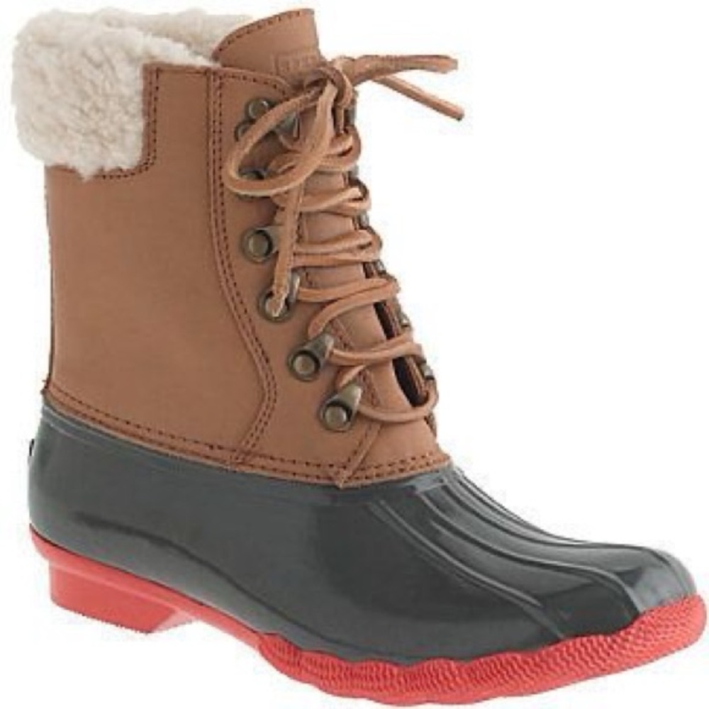 J. Crew SPERRY TOP SIDER Saltwater Duck Boots Leather 100% Wool Lined Sherpa